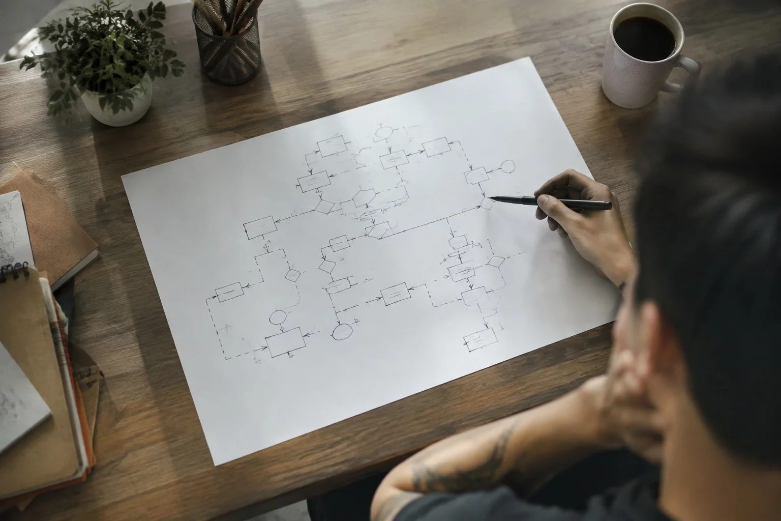 Vista de cima de uma mesa com um diagrama de lógica desenhado à mão