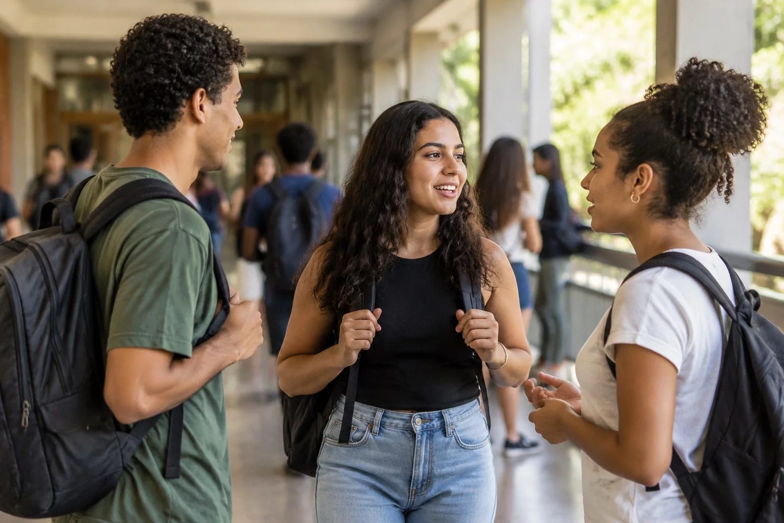 Estudantes com mochilas conversando no corredor de uma universidade