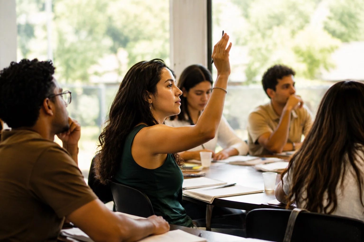 Estudante levantando a mão em uma mesa de seminário coberta de anotações