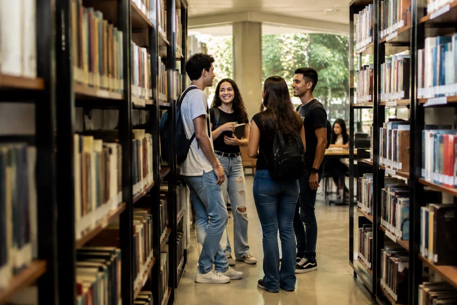 Estudantes conversando em pé entre as estantes de uma biblioteca