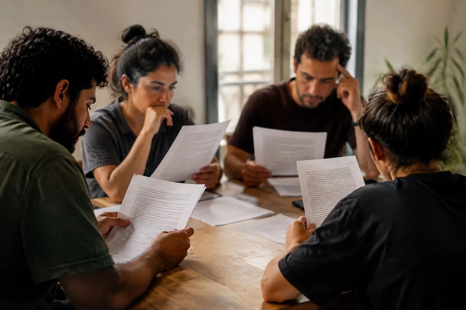 Grupo pequeno lendo páginas impressas de argumentos ao redor de uma mesa