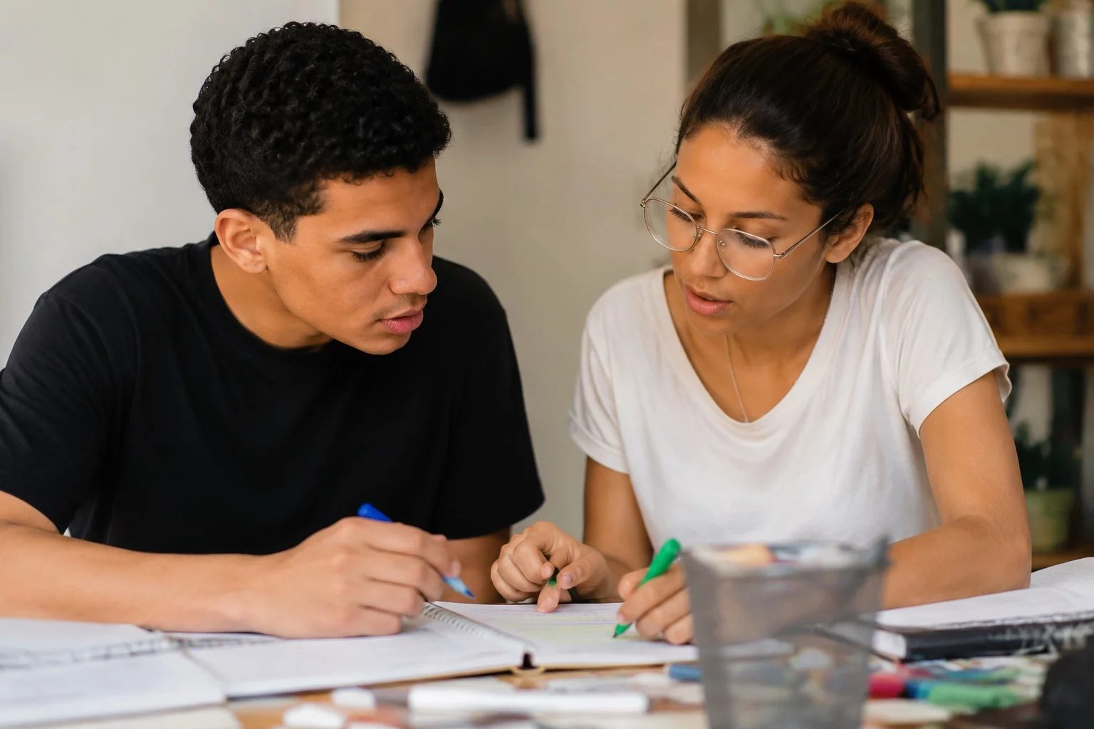 Dois estudantes preparando um debate com cadernos e marcadores