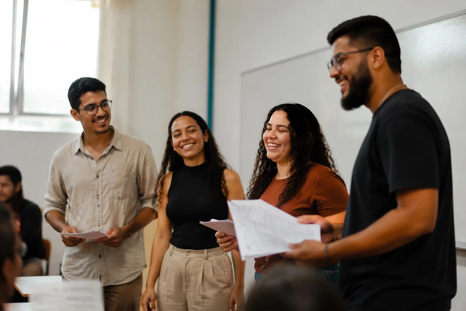 Grupo sorrindo após uma rodada de debate, com papéis nas mãos